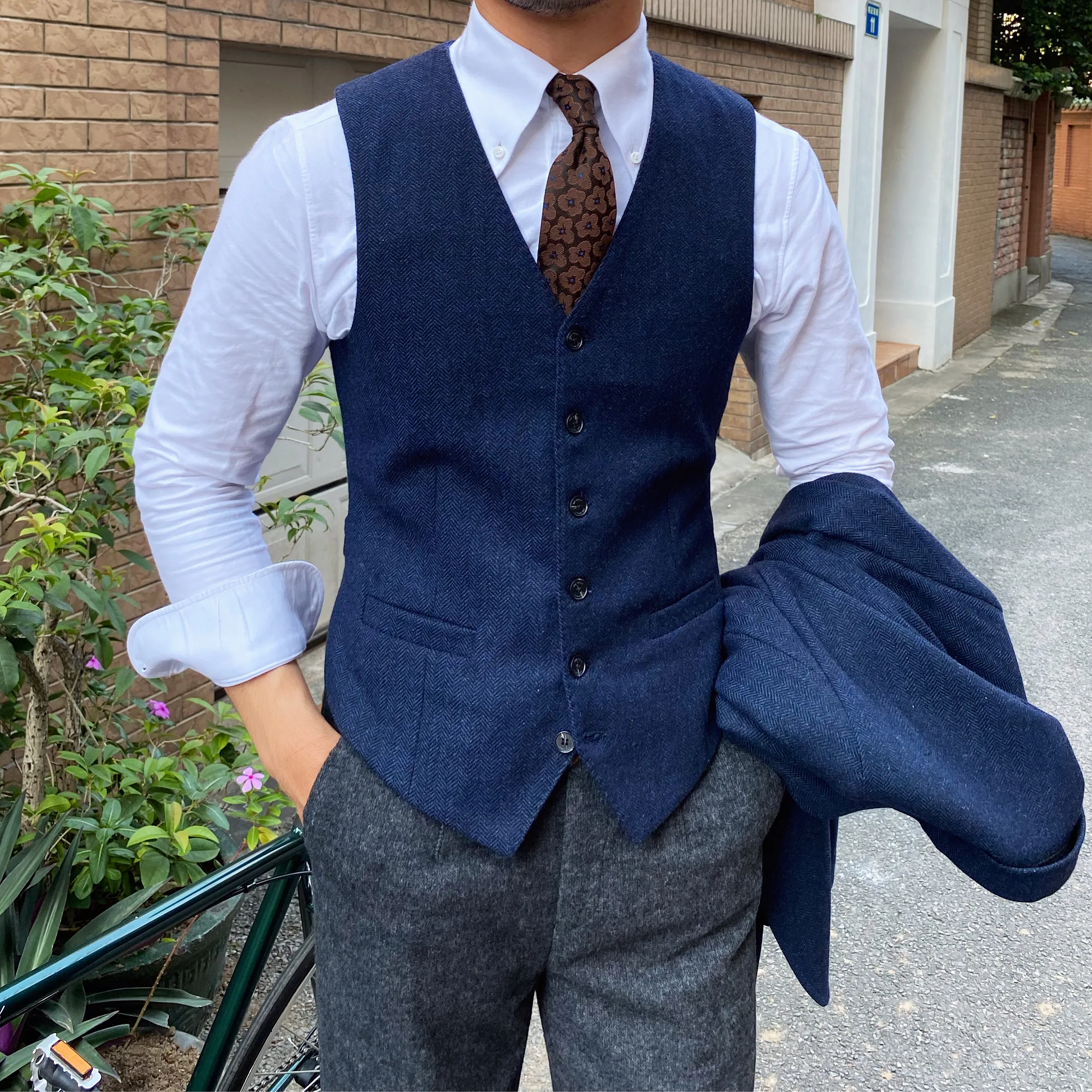High-End Men's Autumn and Winter Warm Wool Blend Herringbone Pattern Suit Vest Business Casual All-Match Vest