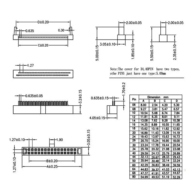 1~2~5 Stück FC Crimpkopf IDC-Stecker Rastermaß 1,27 mm Grauer Bandkabel-JTAG-Stecker 6P 8P 10P 16P 20P 40P – Detail 1