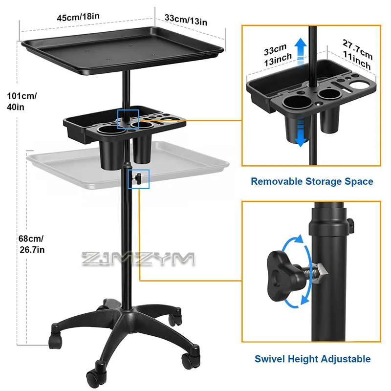 Black Double Layer Salon Trolley Height Adjustable Rolling Cart with Removable Storage Tray Hair Dryer Holde for Barber Shop Spa
