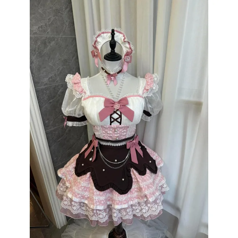 Sweet Y2k Lolita Maid Square Neck Puff Sleeves Lace Bow 2 Piece Dress Set Chocolate Pink White Tiered Birthday Dresses for Woman - view 4