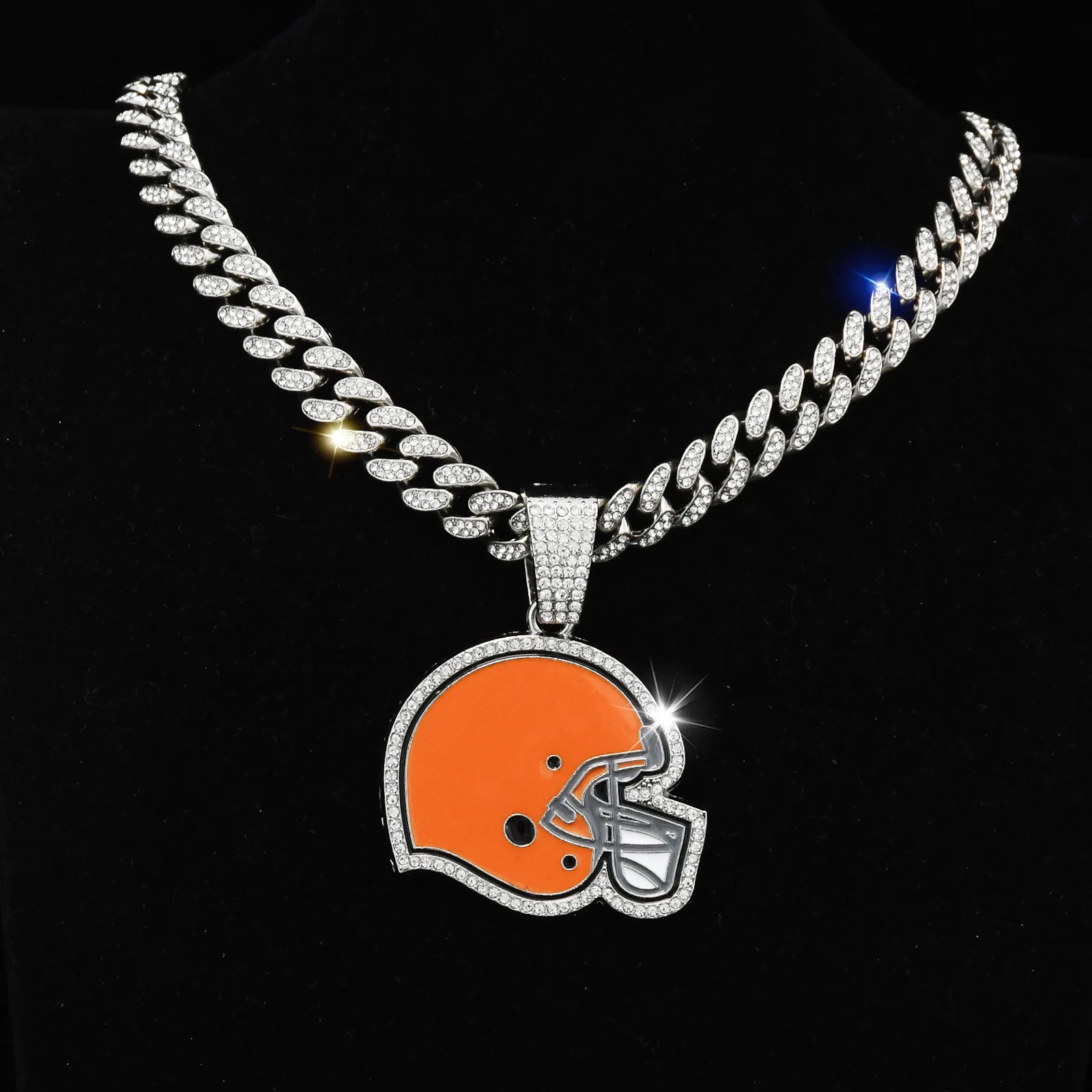 ULJ Hip Hop Browns Helmet Pendant Football Chain Necklace With Cuban Iced out Bling Cool Jewelry