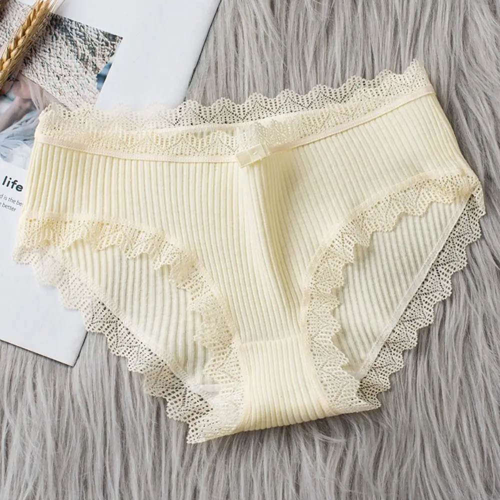 Simple Stripe Lace Bowk Briefs Large Size Underwear Mid Waist Panties Thin Simple Female Underpants Gifts