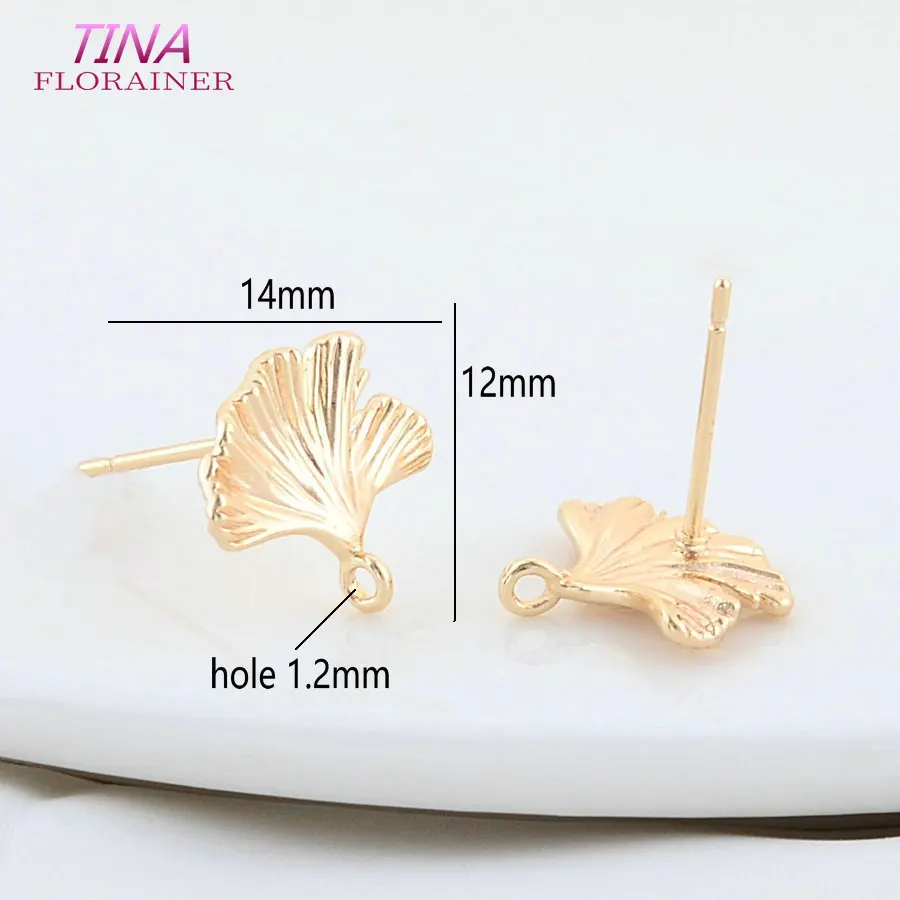 6PCS 12*14MM 18K Real Gold Plated Brass Leaf Leaves Stud Earrings High Quality DIY Earring Jewelry Making Finding Accessories
