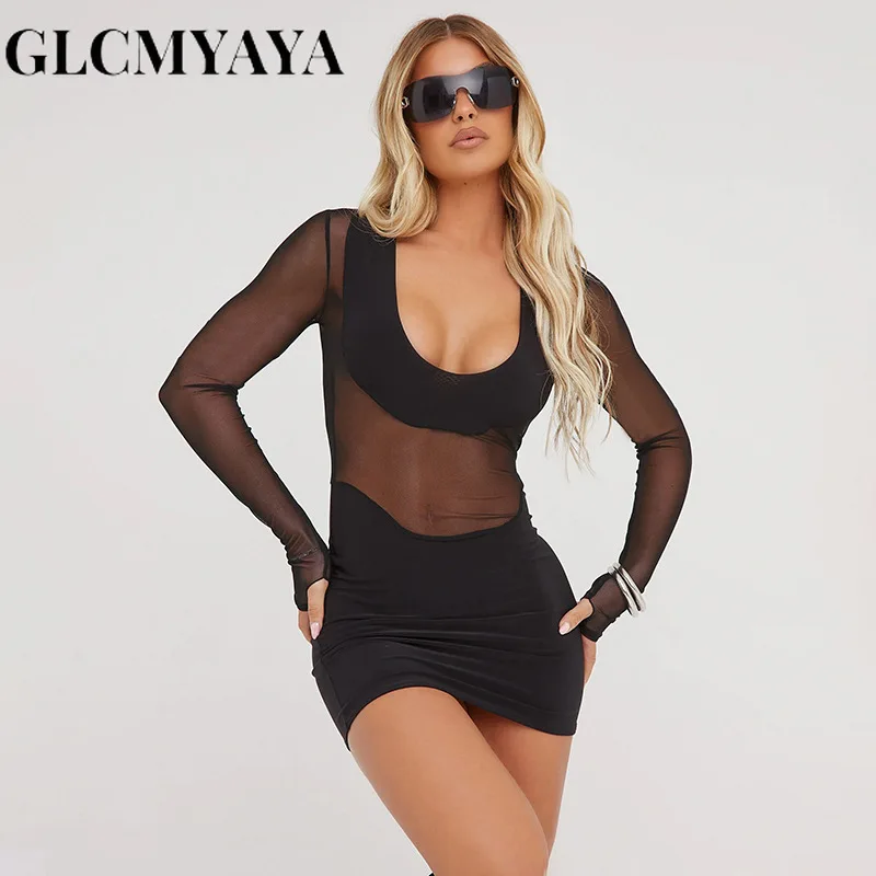 

GLCMYAYA Women Streetwear Sheer Irregularity Net Yarn Long Sleeve Mini Dress 2023 Solid U-neck High Waist Sexy Party Dresses