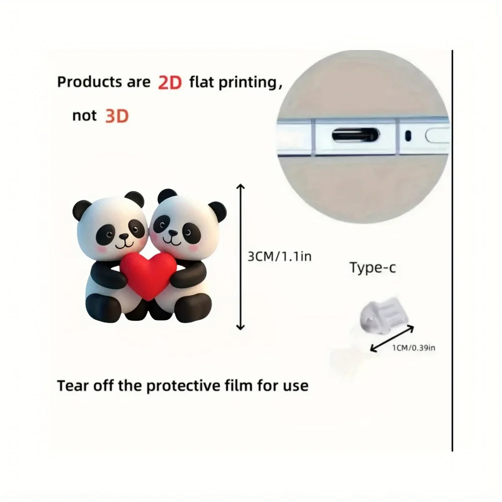 1 Pcs Cute Couple Panda Design Dust Plug 2D Acrylic Phone Dust Stopper Pendant for iPhone Type-C Charger Port Cover Anti Dust