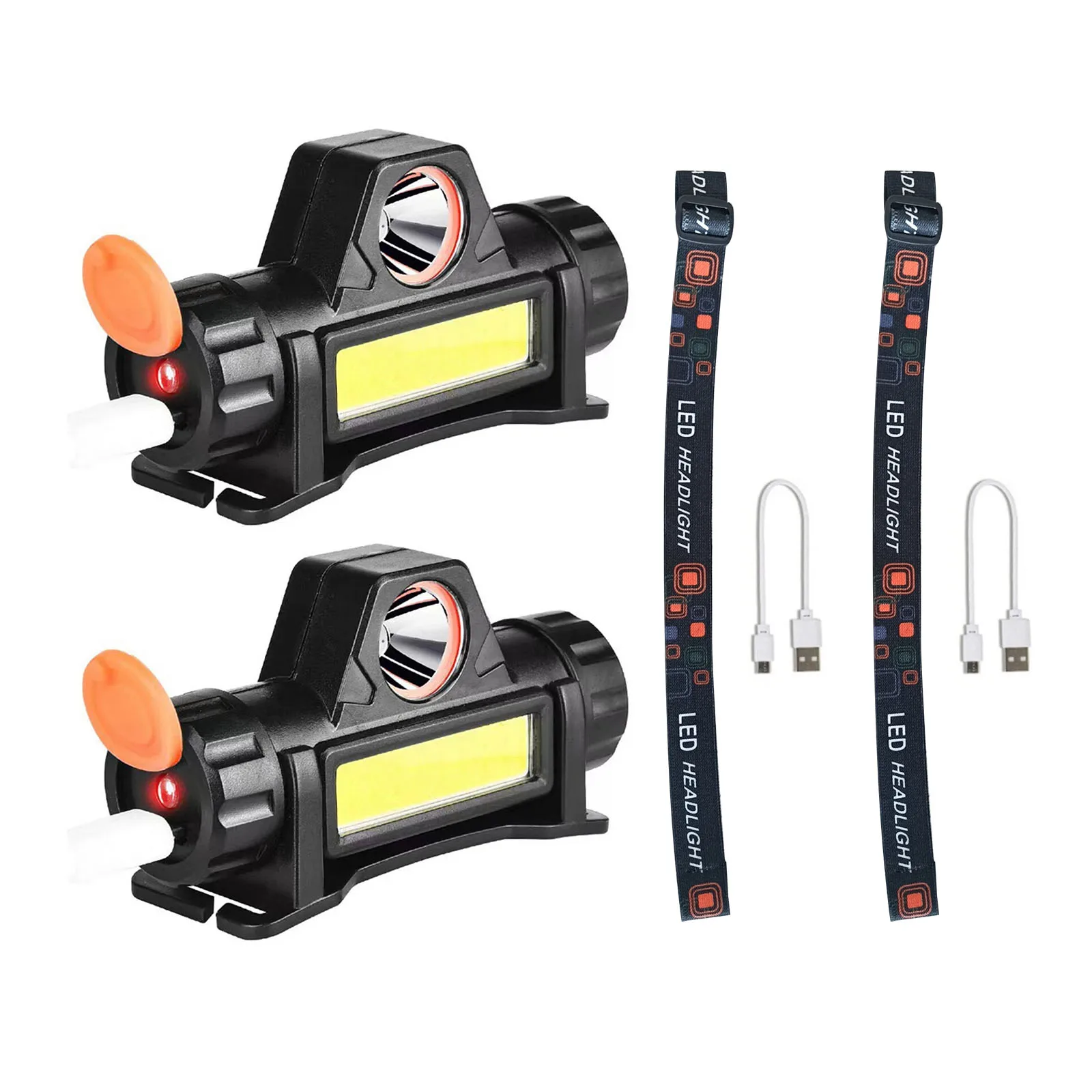 2Pcs/Set Rechargeable LED USB Headlamp Automatic Dimming Headlight Super Bright Head Torch 2-Purpose Light For Outdoor Fishing