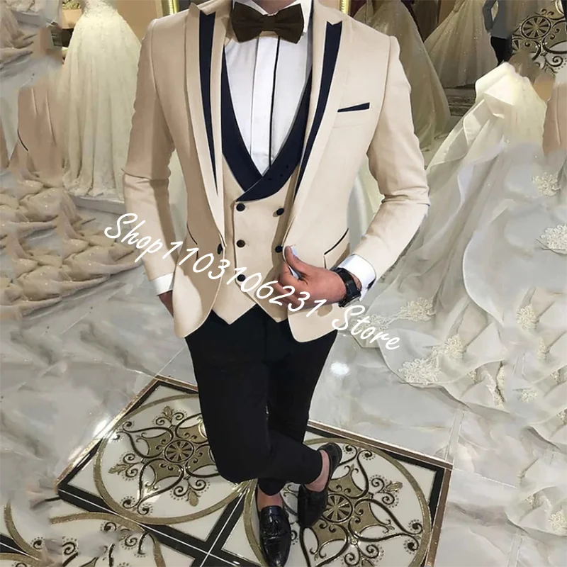 Elegant Custom Male Suits Blazers For Party Prom 3 Pieces Suits For Men Groom Wedding Suits Peak Lapel Men Tuxedos Costume Homme