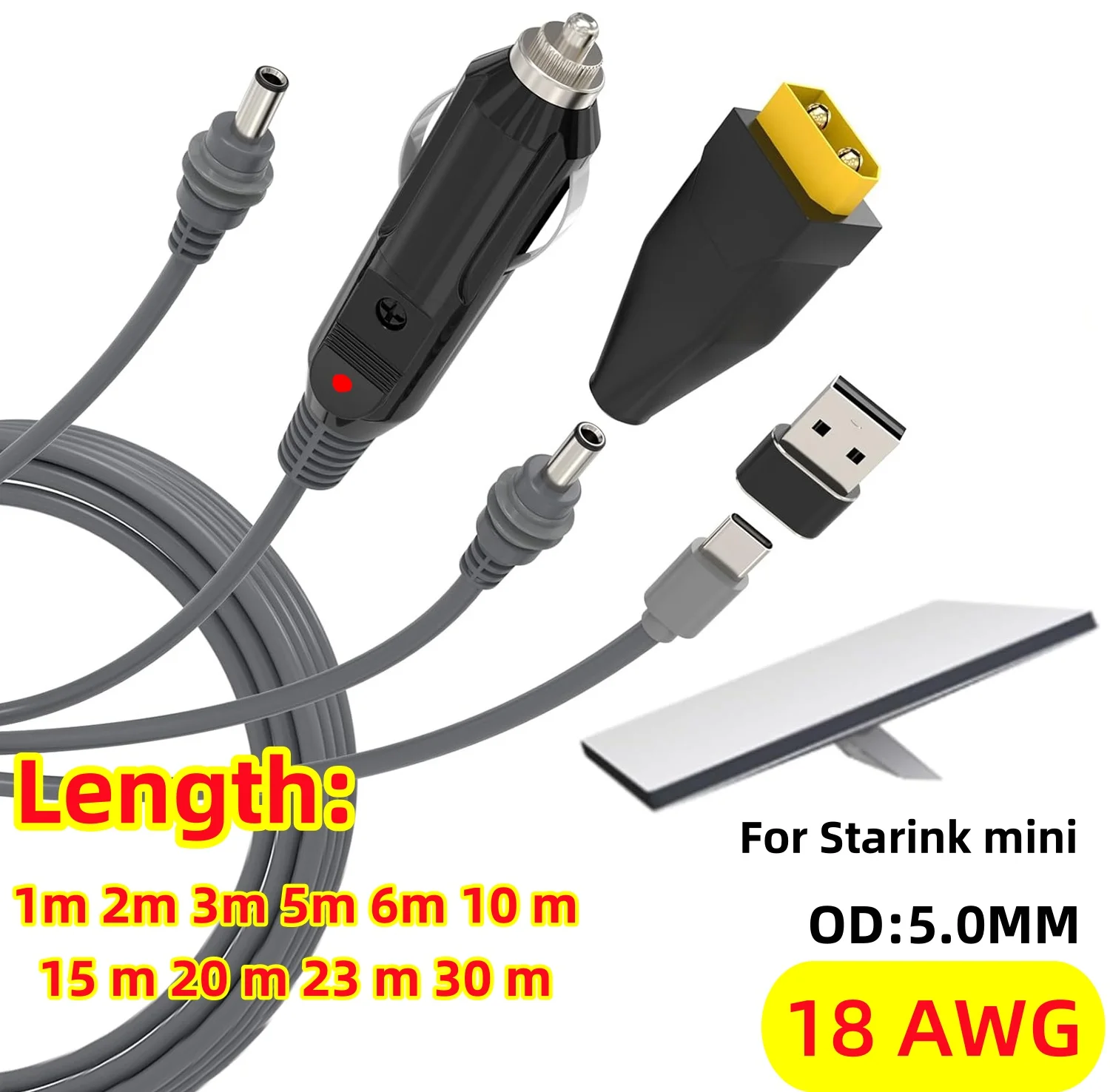 Starlink Mini 3-in-1 Power Cable 100W USB C/Cigarette Lighter/DC Cord, Waterproof 18AWG - with XT60 Adapter - Plug-and