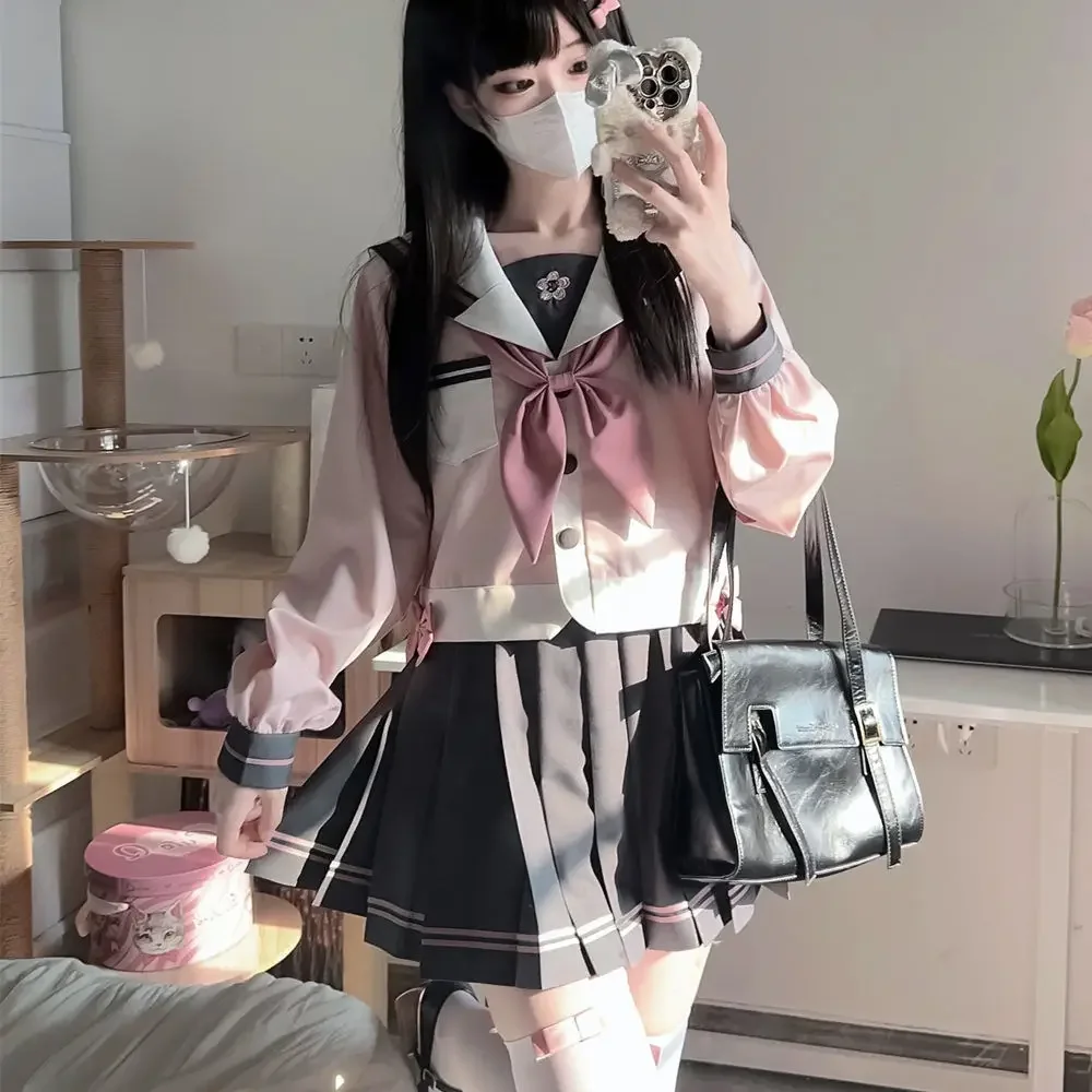 اليابان JK تنورة قصيرة دعوى بحار الملابس ذهبية ربطة القوس فيونكة Kawaii فتاة الوردي رمادي كم طويل البحرية طوق القوس النمط الجماعي