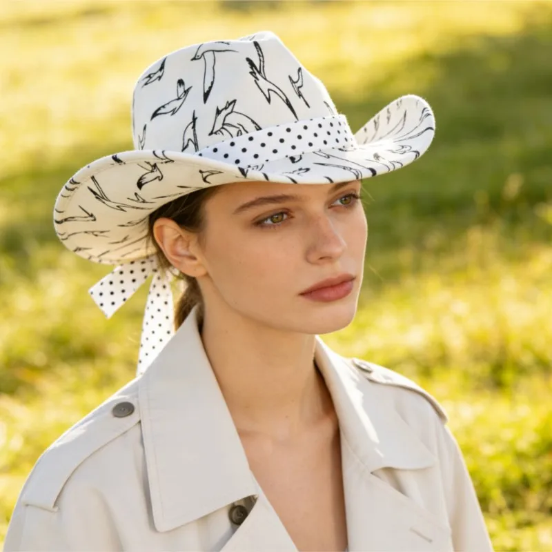 Printed wide-brimmed hat knot decorated sunshade top