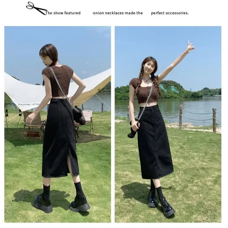 Blackdenim High-Waisted Slimming Skirt Medium-Length Pear-Shaped Body Shape Side Slit For Women Summer Autumn Season