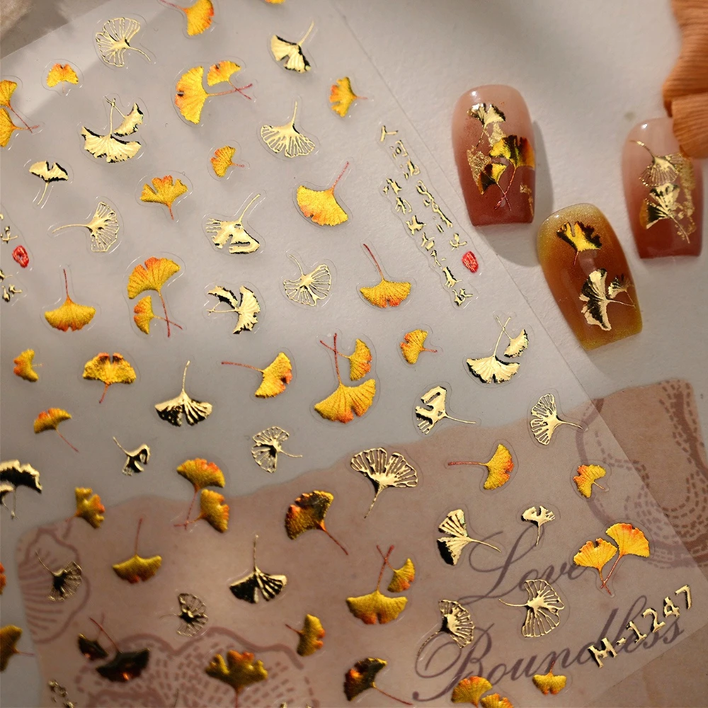 

Gold Stamped Ginkgo Leaf Autumn 3D Self Adhesive Nail Art Stickers Fall Fruits Mushroom Maple Leaf 5D Embossed Manicure Decals