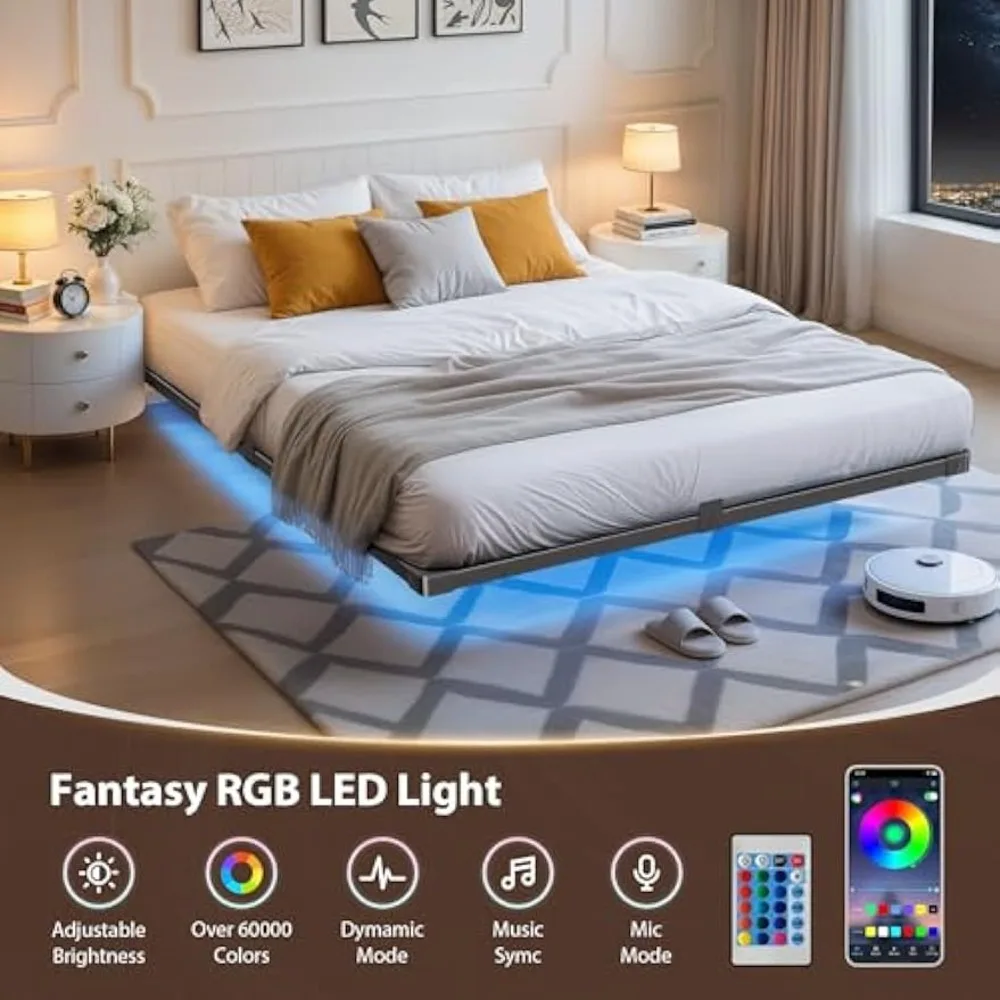 โครงเตียงควีนไซส์โลหะทันสมัย พร้อมไฟ LED และแท่นชาร์จ
