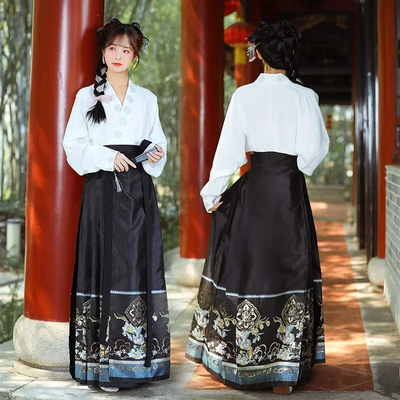 Vintage Hanfu Horse Face Skirt Women Chinese Traditional Hanfu Stand Collar Cardigan Shirt Red Pleats Skirt MaMian