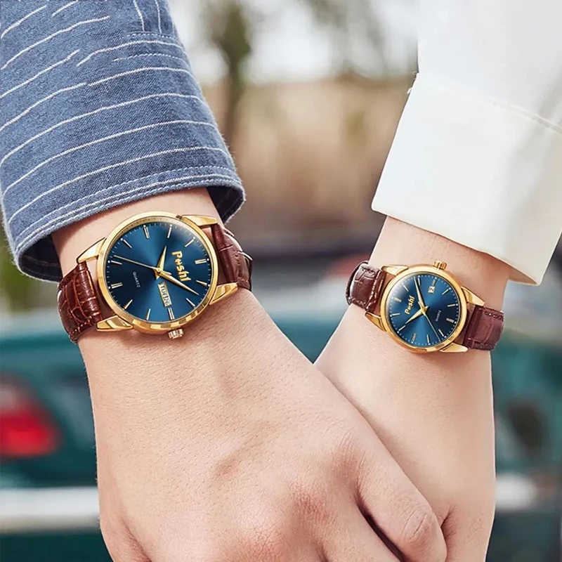 POSHI Couple Watch Luxury Fashion Quartz Wrsitwatch Leather Strap Date Week Display Lover's Clock Best Gift With Box