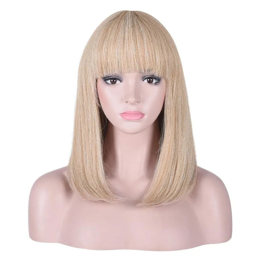 Peluca Bob con reflejos rubios cortos y lisos de 15 pulgadas con flequillo, pelucas de pelo sintético resistentes al calor de aspecto Natural para mujeres en Everyd