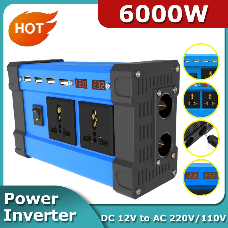 Solar Inverter 6000W Converter AC 12v To DC 220v110v Intelligent Dual Display 4 USB Port 4.2A Fast Charging Power LED RV Camping