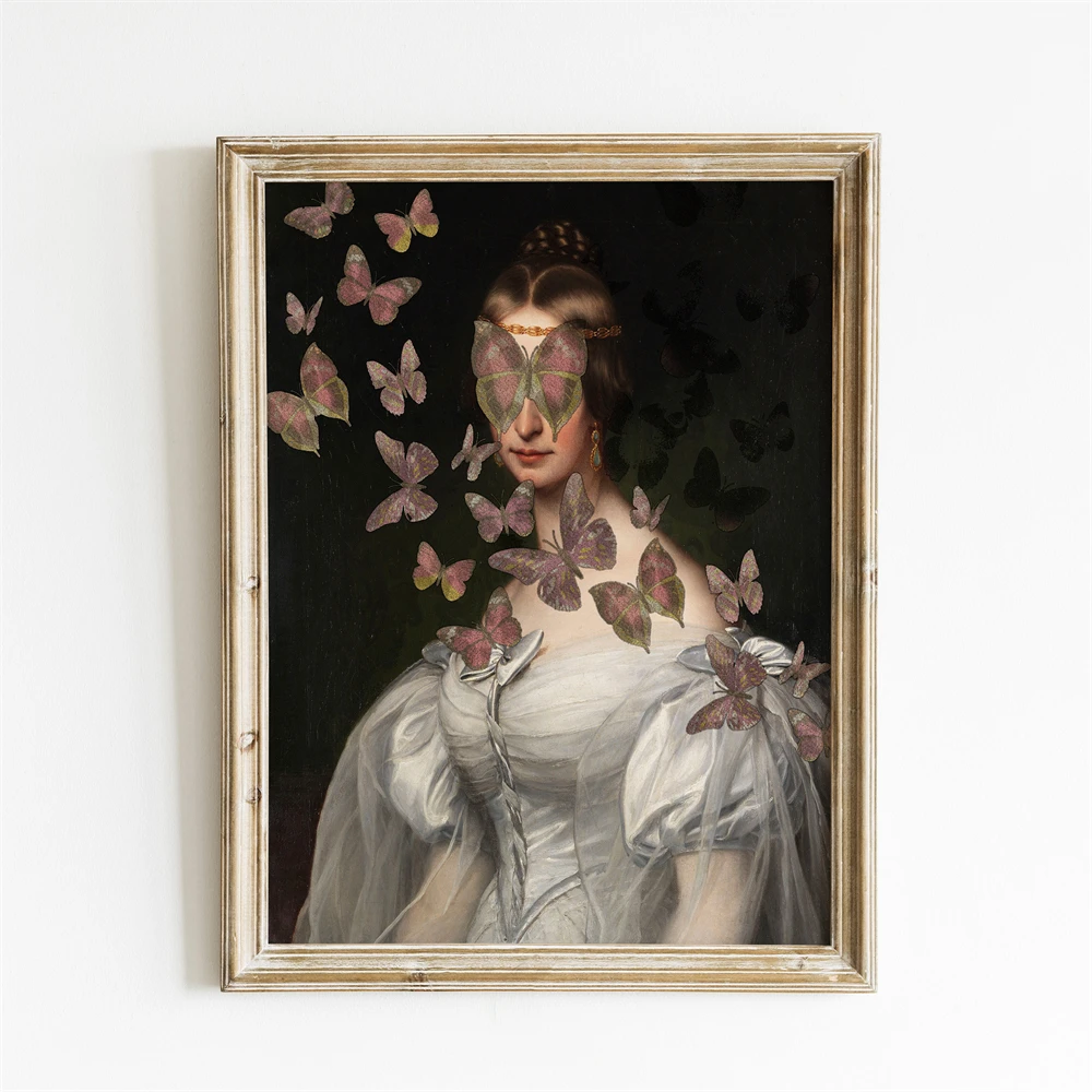 

Dark Floral Renaissance Woman Print Head In Clouds Surreal Portrait Poster Bohemian Girl Wearing Earphones Prints Bedroom Decor