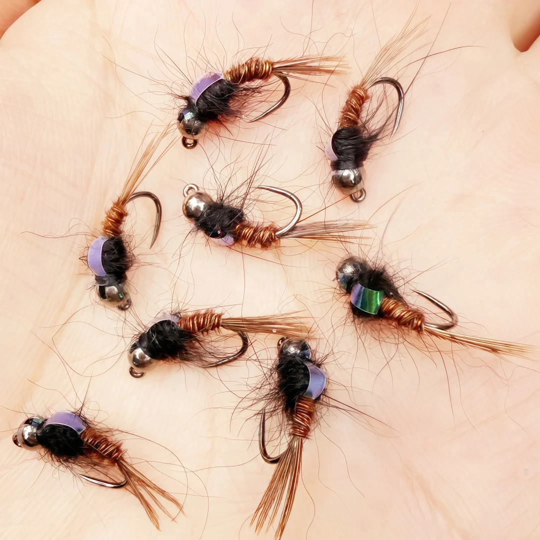 5 Stück # 14 Barbless Tungsten Jig Nymphen-Fliegen mit Fasanenschwanz, Euro-Nymphen, Nassfliegen für Forellen-, Grauelfen- und Weißfischangeln – Detail 1