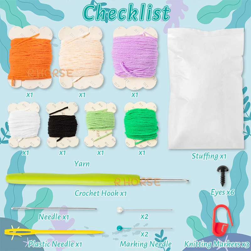 Beginner Crochet Kit for Kids Non-finished Knitting Fiber Crochet Starter Kit Animals Turtle Octopus Yarn Hooks Pack DIY Craft