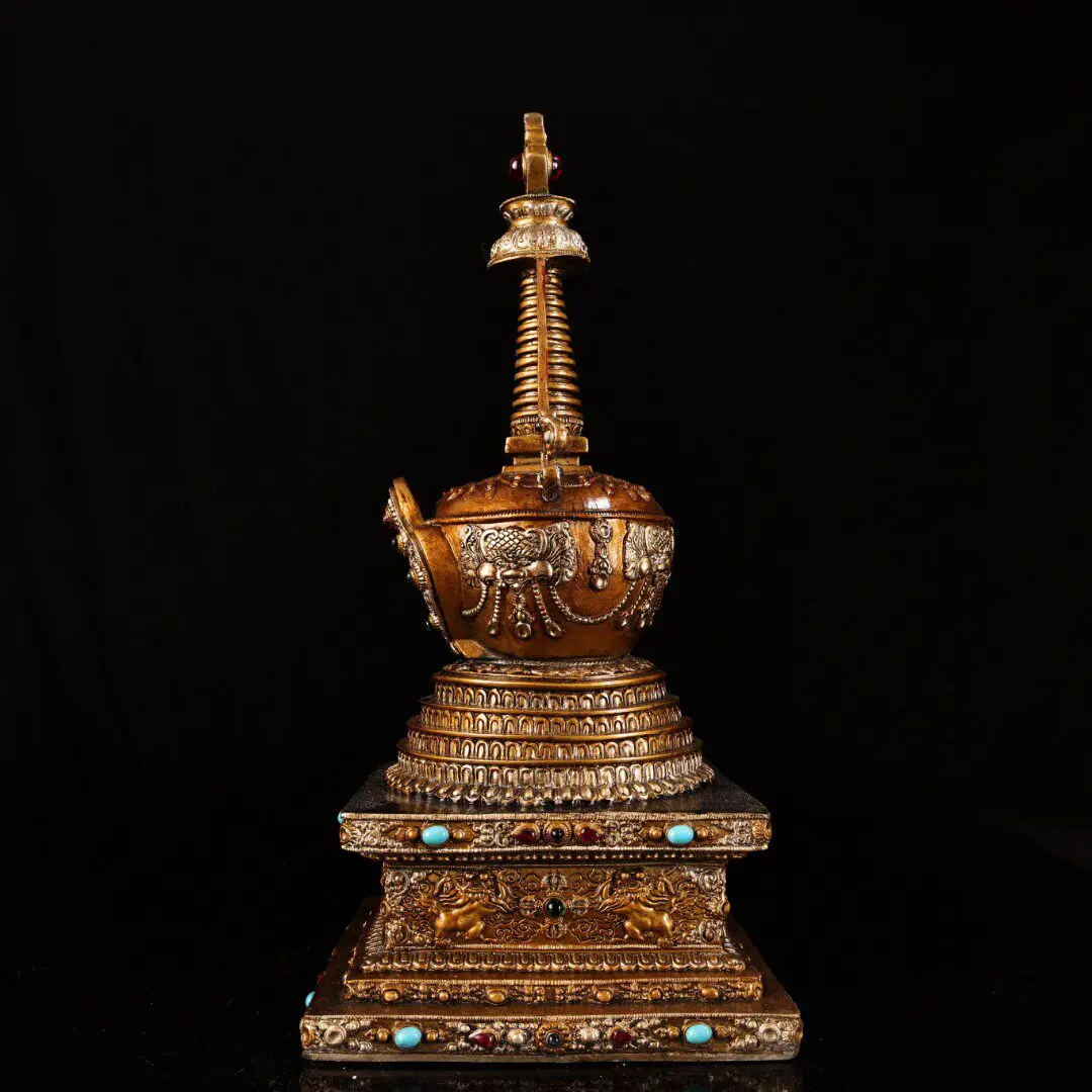 Tibetan Buddhist Copper Stupa Gold Silver Tracing Thick Patina Fine Craft Exquisite Design Home Altar Decor Collectible