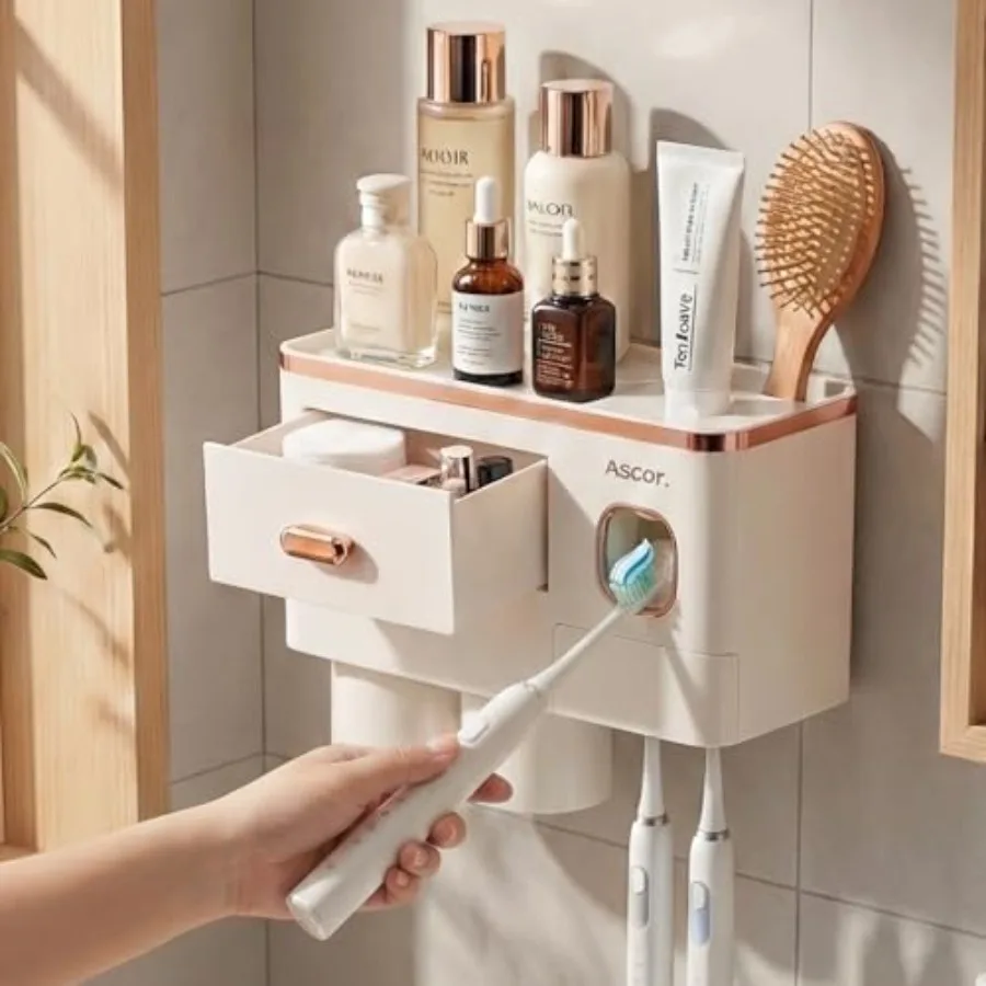 

Toothbrush Holders Bathroom Accessories with Toothpaste Dispenser 2 Cups Toothbrush Holder Wall Mounted Bathroom Decor