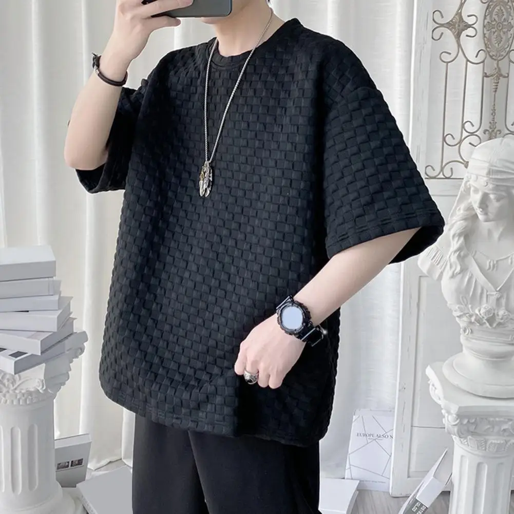 

Summer Waffle O-Neck Short Sleeve Loose T-shirt Korean Fashion Casual Men Solid Color Simple Breathable Tee Shirt Streetwear