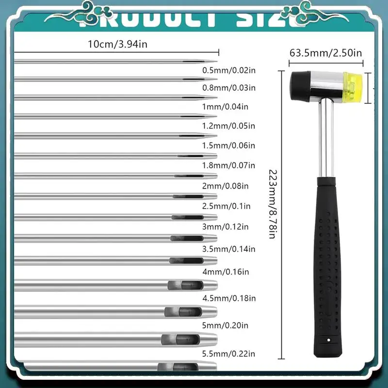 

Набор дыроколов премиум-класса из 15 предметов, набор дыроколов для кожи, от 0,5 до 6 мм, набор круглых стальных дыроколов с 1 резиновым молотком, для кожи