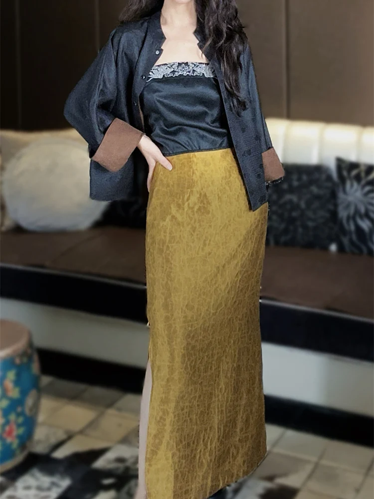 

Gold Heavy Silk Satin Cra Pattern True Silk Xiangyun a High Waist Slim A-Line Straight Cut Mid-Length f Skirt