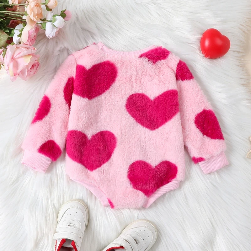 Infant Baby Girl Boy Valentines Day Outfit Fuzzy Rompers Heart Sweatshirts Bubble Romper  Long Sleeve Bodysuit