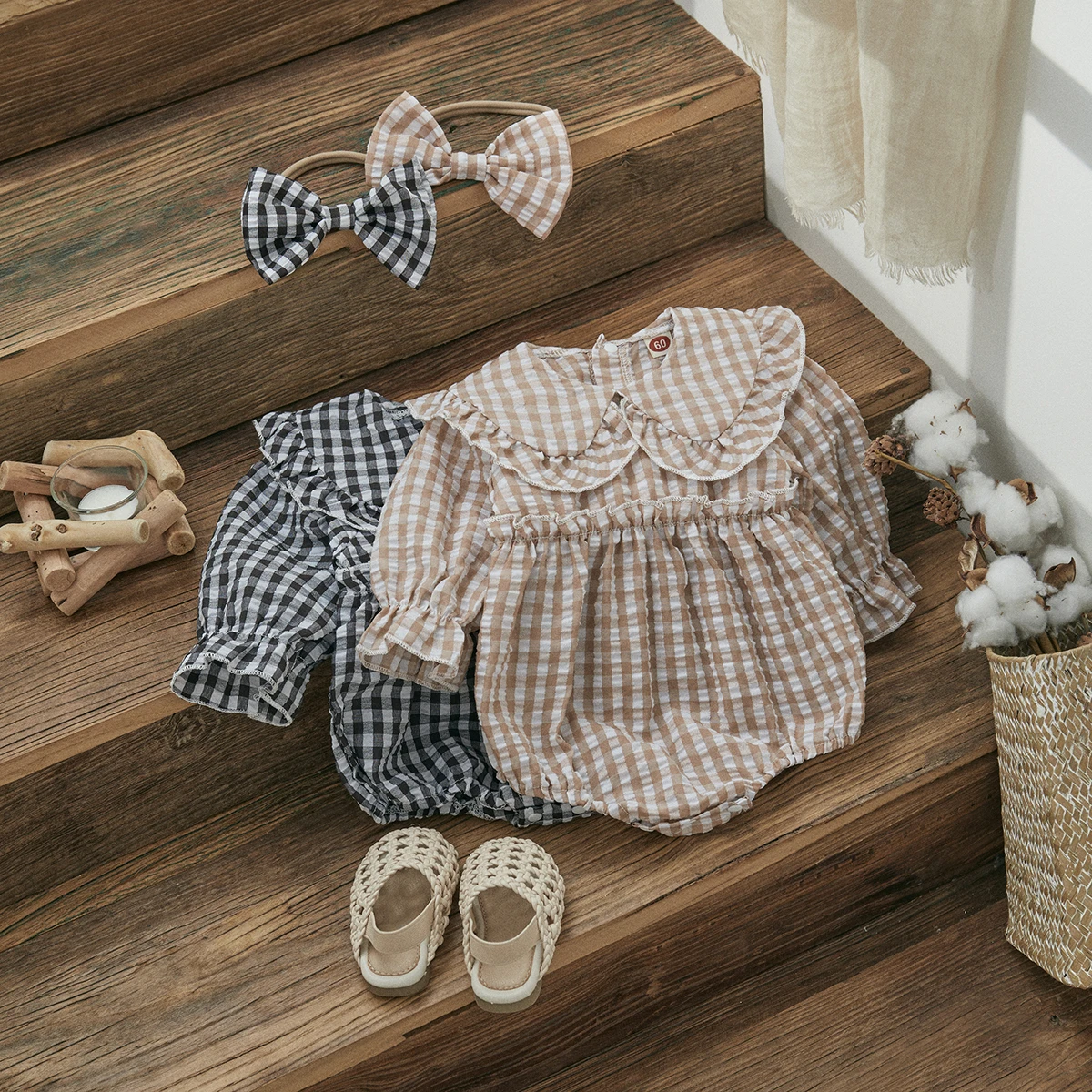 ma&baby 0-18M Baby Girl Romper Newborn Toddler Infant Long Sleeve Plaid Print Peter Pan Collar Jumpsuit Headband Outfits