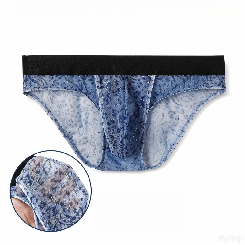 Mens Briefs Mesh Leopard Printed Ice Silk Underwear Summer Ultra-Thin Separate Pouch Crotch Panties Quick-Drying Underpants