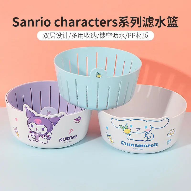 MINISO Anime Kawaii Cinnamoroll Ins Water Filter Basket Cute Kuromi Kitchen Double Washing Vegetables Fruit Case Gifts Toys