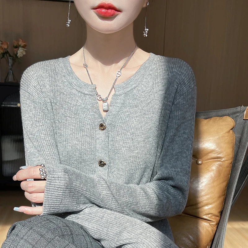 

Round Neck Knitted Cardigan Women's SpringAutumn Long Sleeved Solid Color Imitation Wool Loose Fashion Basic Sweater Top