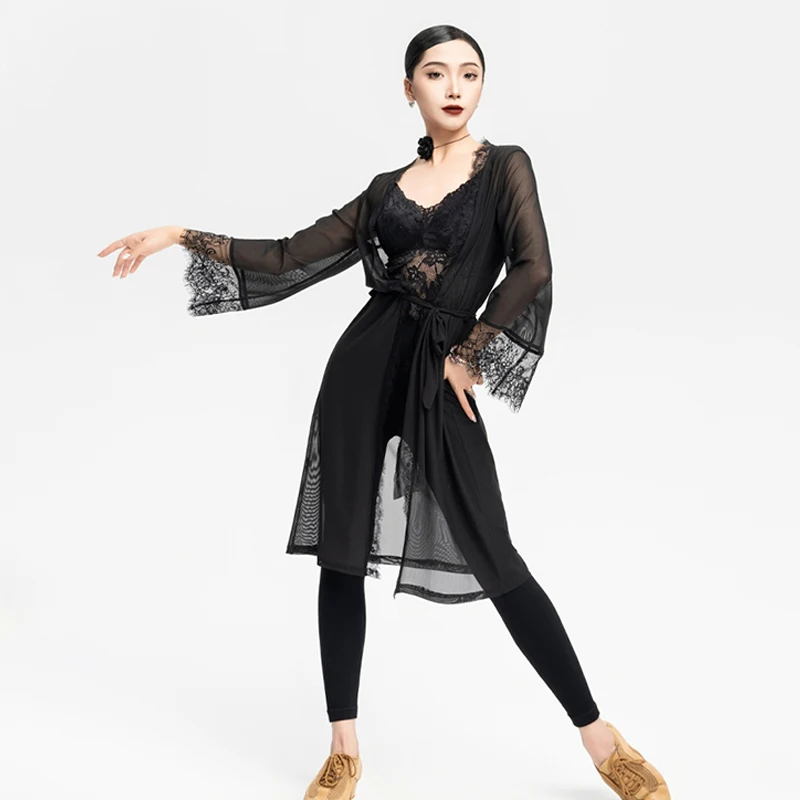 Latin Dance Dress Women Stretch Mesh Lace Cardigan Black Outer Garment Female Dancer Clothes Practice Dance Top Dancer Wear 1376