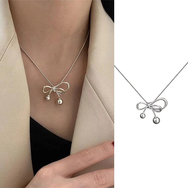 Bowknot Pendant Sweater Necklace Charm Women Girl Summer Fashion Simple Geometric Clavicle Chain Party Jewelry Gift