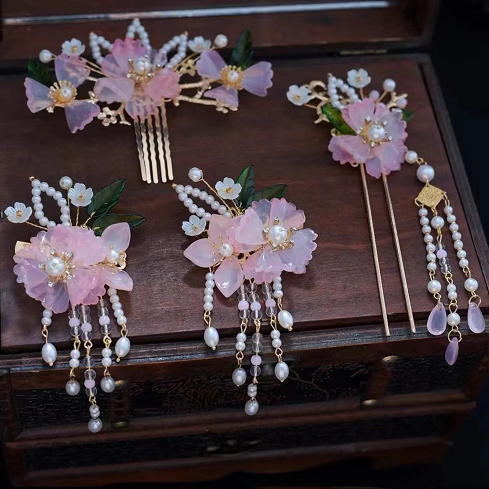 Vintage Hair Stick Earring Chinese Jewelry Sets For Women Floral Tassel Pearl Hair Clip Hairpin Fairy Tiaras Wedding Accessories