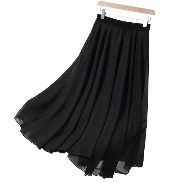 

Spring Autumn Fashion Women' High Waist Pleated Skirt Lady Black Pink red yellow long chiffon maxi skirts vestidos robe femme