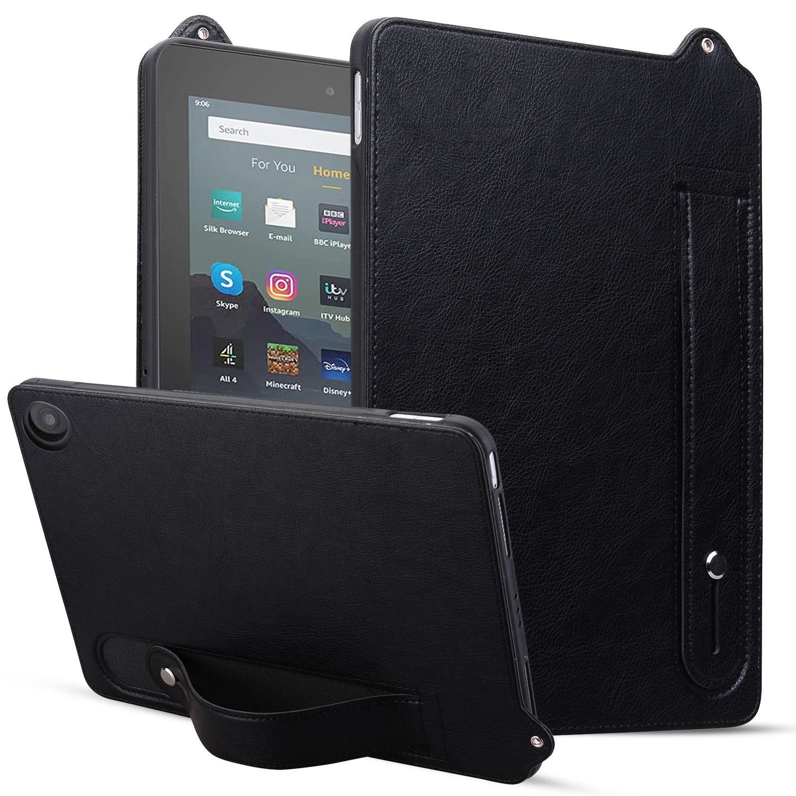 Coque de protection arrière en TPU et cuir pour tablette, étui avec dragonne support pour Amazon Fire HD 10 Plus 2021, 10.1 pouces