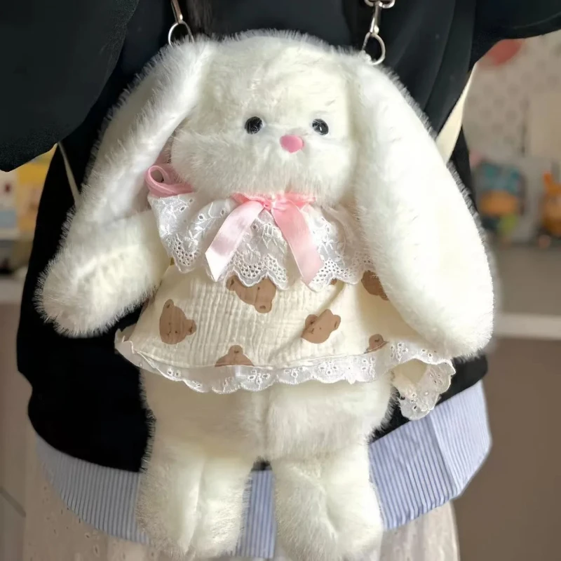 Vrouwen ins cartoon lange oor konijn pluche rugzak meisje schattige bont schoudertas