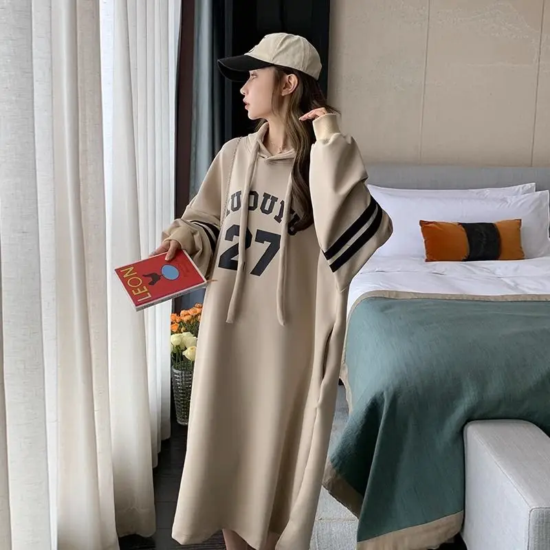 Casual Letter Printing Midi Dress Autumn New Long Sleeve Hooded Solid Loose Plus Size Youth Dresses Fashion Sweet Women Clothing