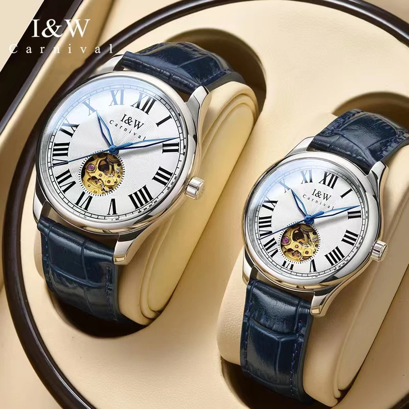 

Carnival Brand IW Luxury MIYOTA Movement Lovers Mechanical Watch for Men Women Fashion Blue Leather Sapphire Hollow Couple Watch