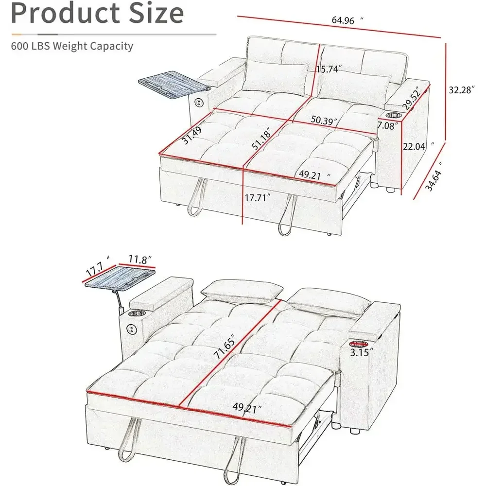 65 Convertible Sofa Bed with Pull-Out Couch, 360° Swivel Side Table, Chenille Fabric, Space-Saving Living Room Furniture, Easy A
