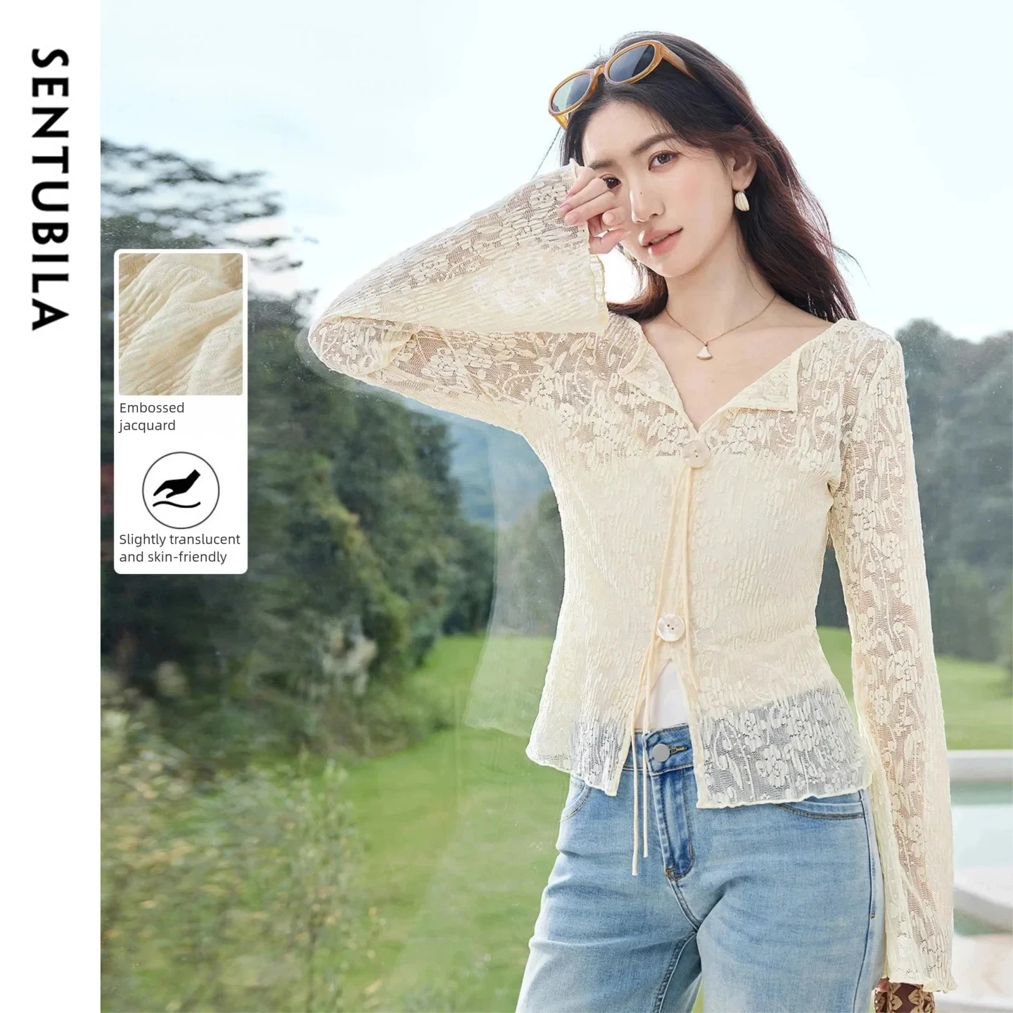 

SENTUBILA Elegant Long Sleeve T-Shirt for Women 2026 Spring French 3D Embossed Lace Tops V-Neck Casual Woman Clothes 161TN4789