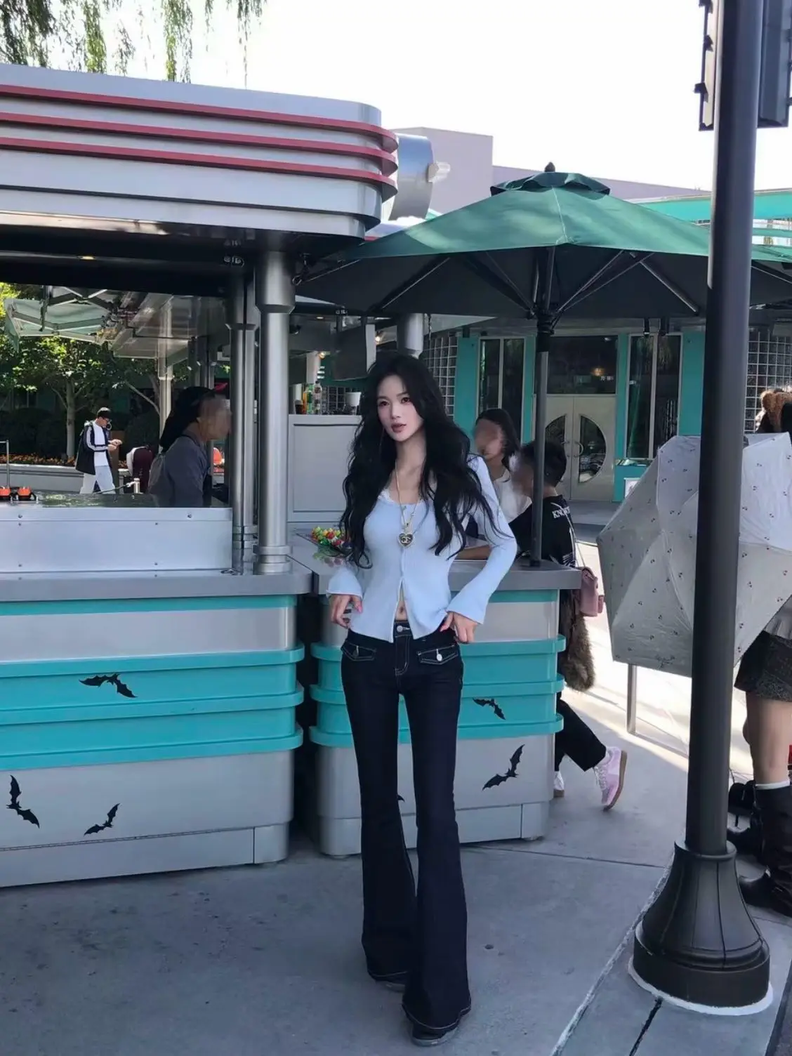 

Retro Straight Leg Stretchy Denim Pants mid Waist Flared Jeans Slimming Basic All-Match Floor-Length Trousers for Women