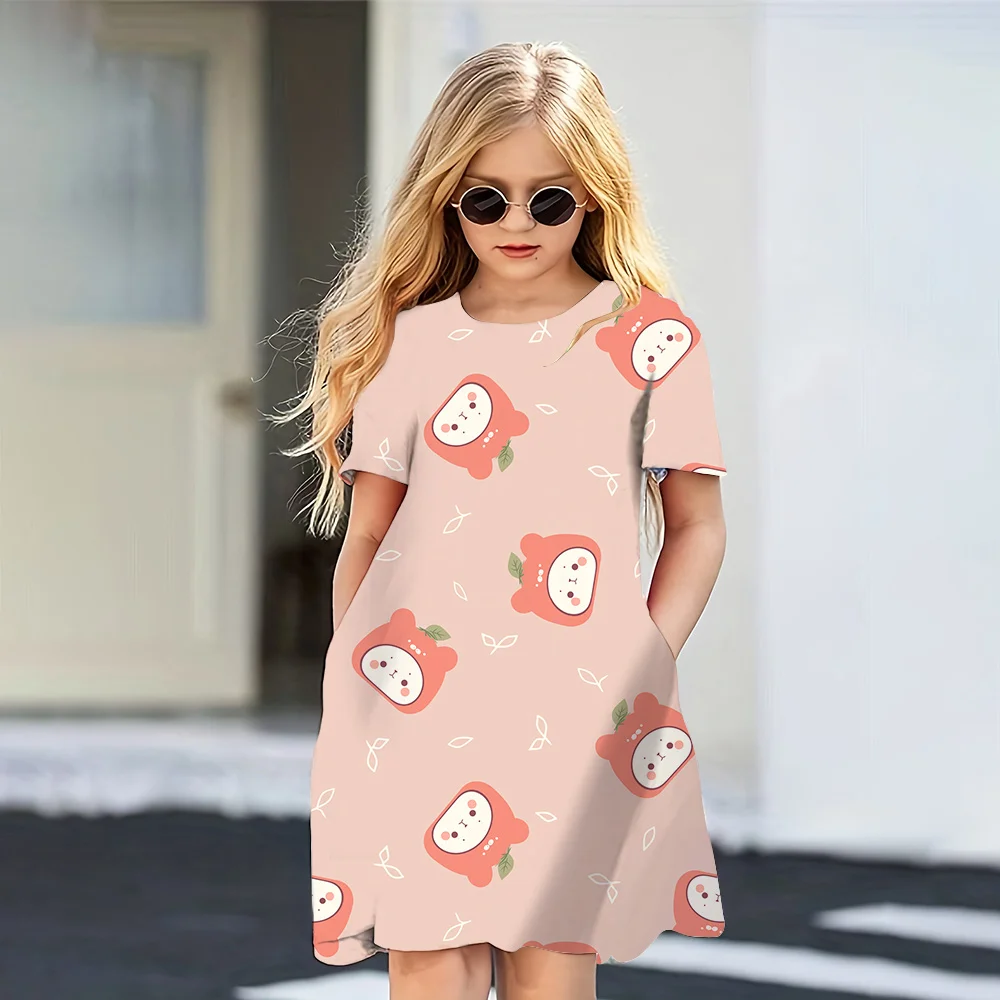 2024 Summer New Dress Girls Cute Cartoon Pattern 3D Printed Dresses Girl Party Short Sleeve Princess Dress Casual Girls Clothing