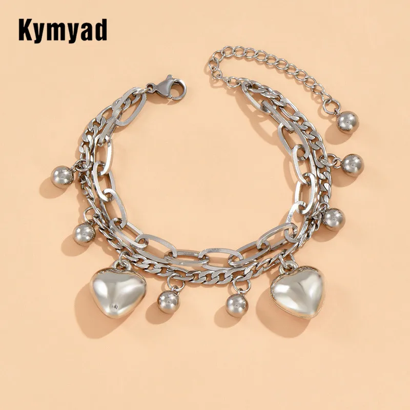 Kymyad Bracelet For Women Stainless Steel Bracelets Jewelry Heart Pendant Charm Women Bracelet Multilayer Charming Bracelets