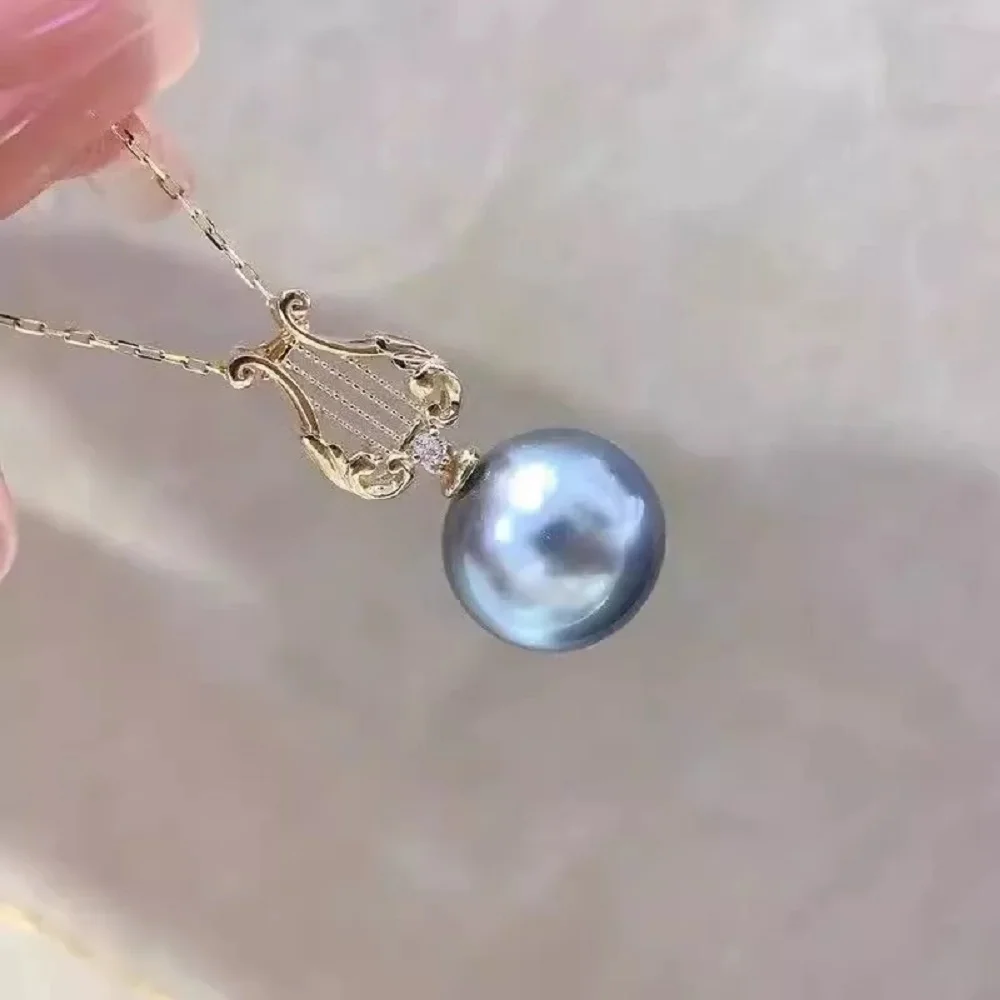 

Gorgeous pendant AAAA 11-10mm round natural South Sea gray pearl pendant necklace 925-18 inch