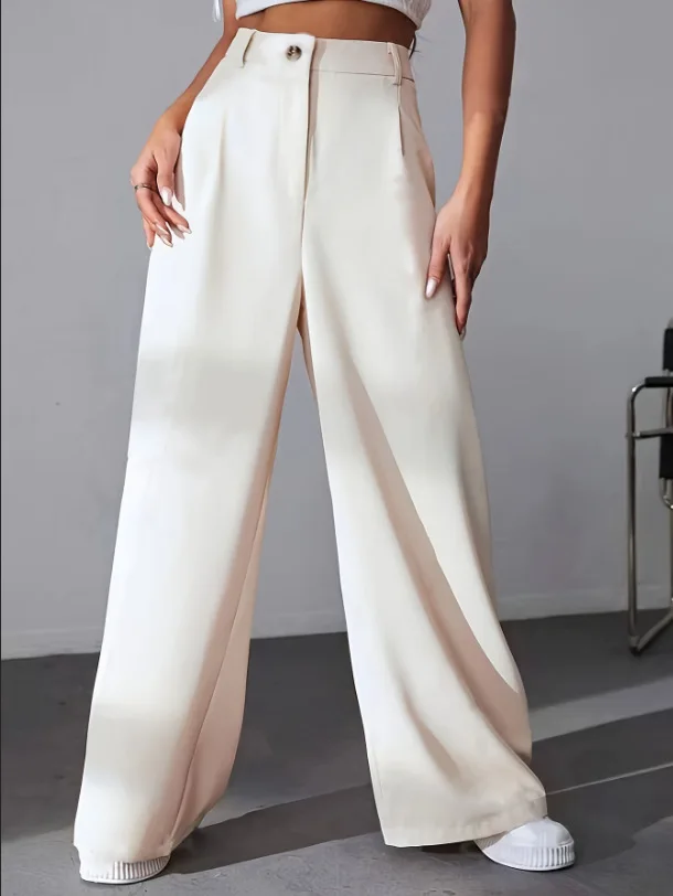 Women Solid High Waist Wide Leg Pants Single Button Zip Side Pockets Straight Trousers Office Lady Casual Fashion Bottoms