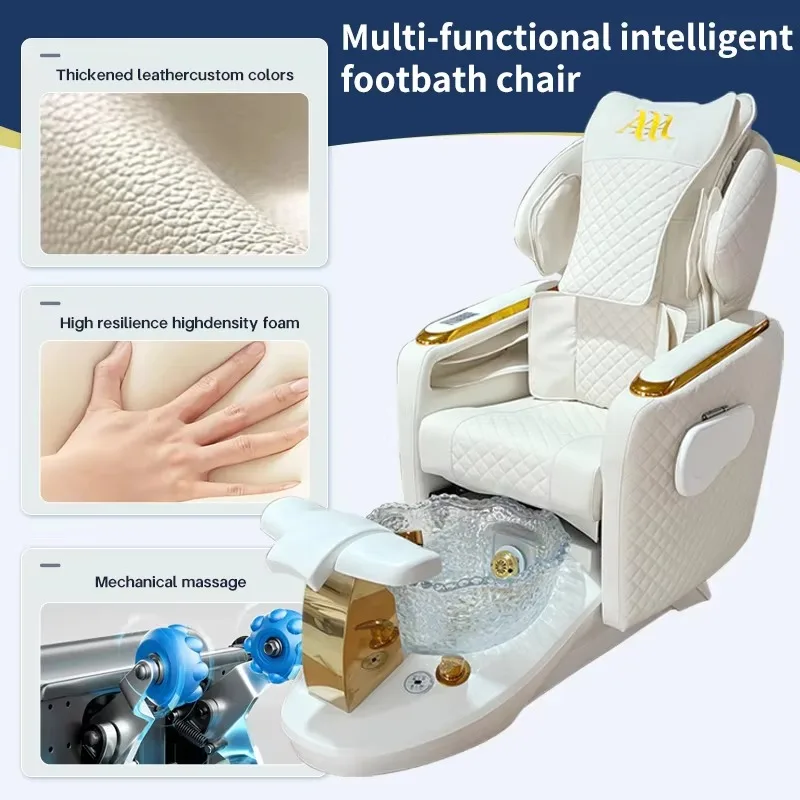 Electric Pedicure Chair White Gold Tufted Glass Foot Spa Heated Massage Luxury Professional Salon Beauty Equipment Furniture